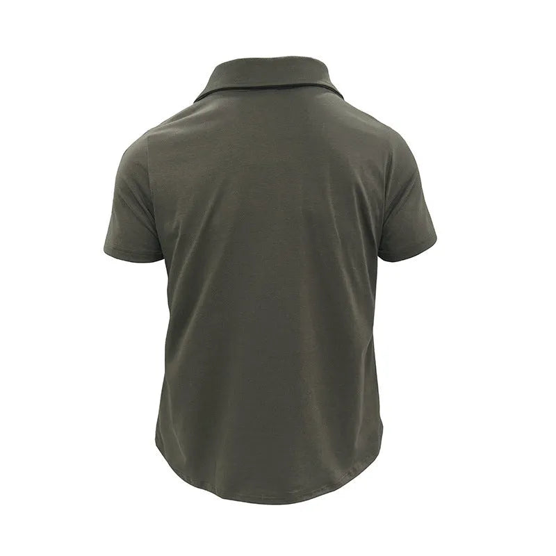 Men's cotton blend polo shirt, short sleeve, loose fit, lapel collar, with pockets, in army green