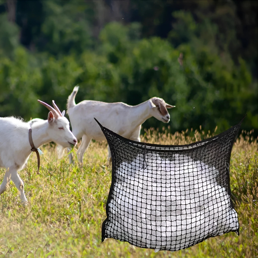 Black woven PE rope hanging feeding bag for horses, showing grid weave and hanging straps.
