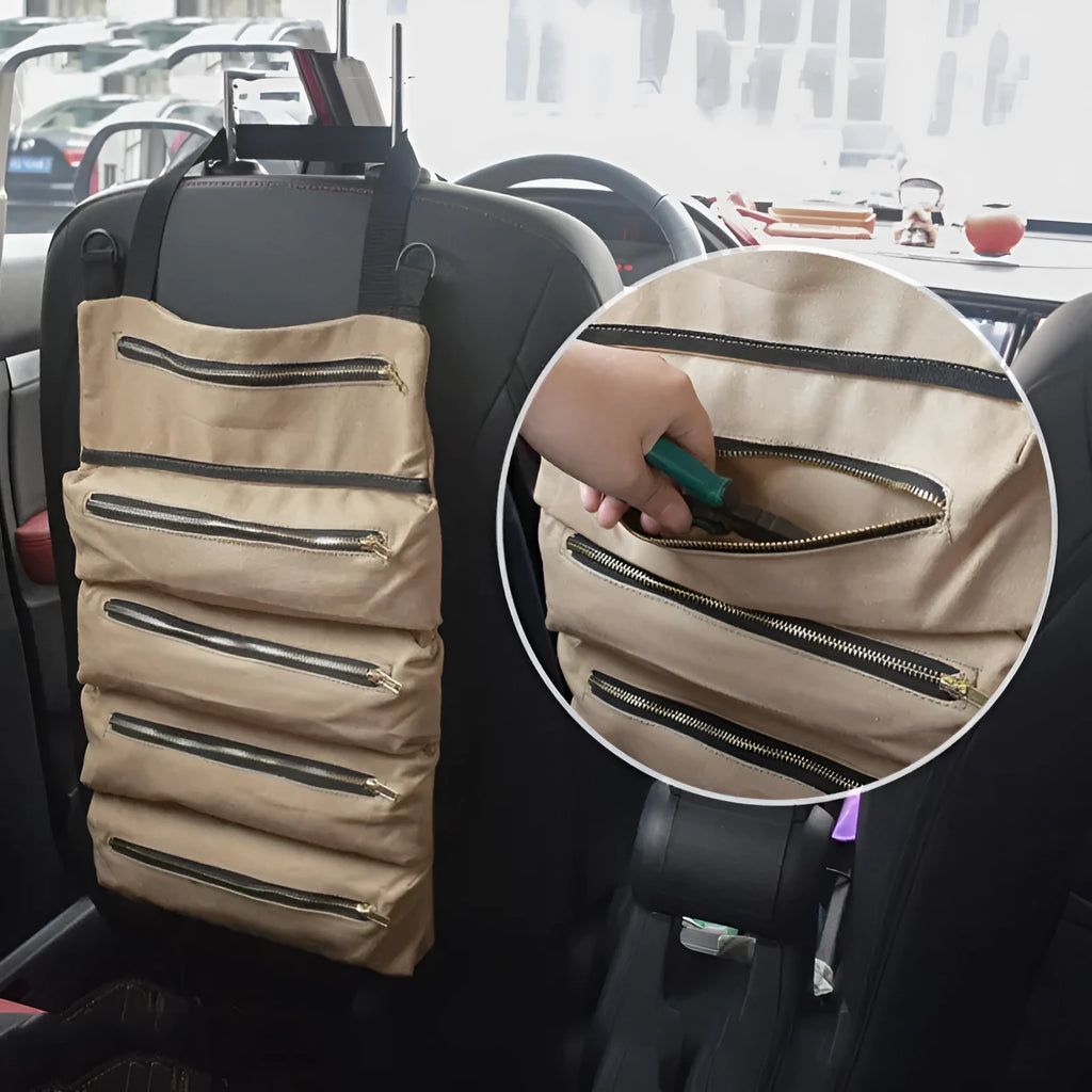 Multifunctional canvas hanging storage bag 49x29cm in khaki, army green, and black for car organisation