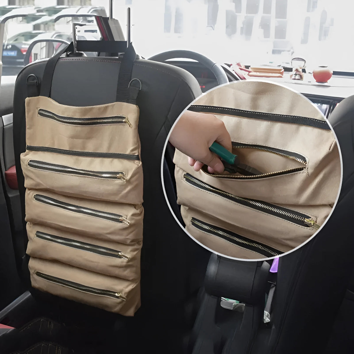 Multifunctional canvas hanging storage bag 49x29cm in khaki, army green, and black for car organisation