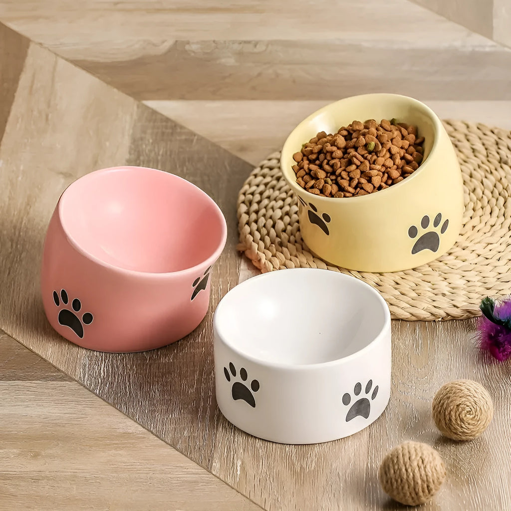 Ceramic high foot cat food bowl with cat paw print decoration in chosen colour