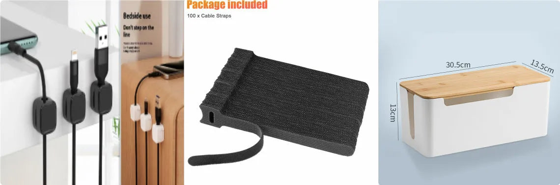 Plastic cable storage box for power strips and chargers, available in 23x11x12.5cm and 30.5x13.5x13cm sizes