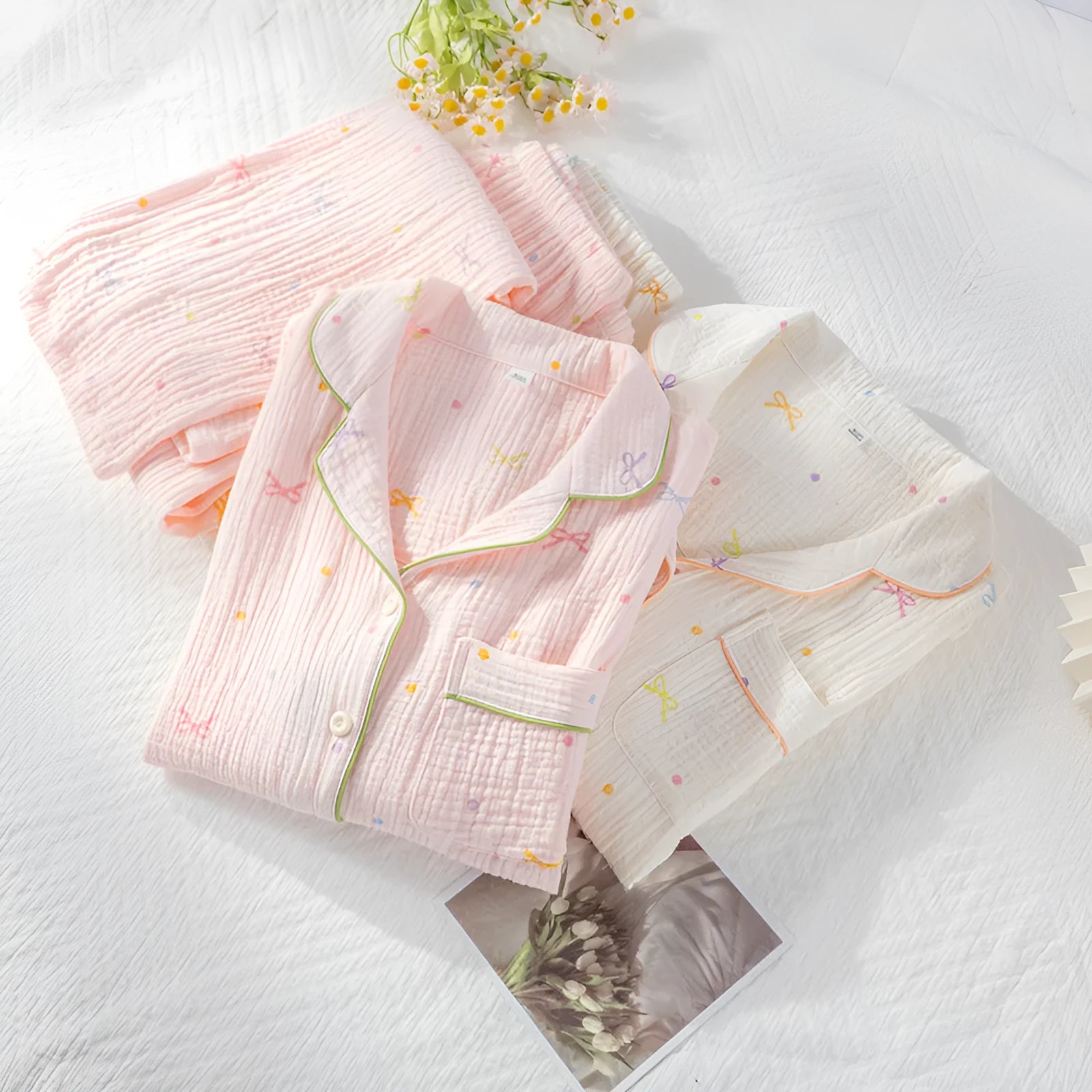 Women's cotton pajama set in pink or beige with long sleeves and matching trousers