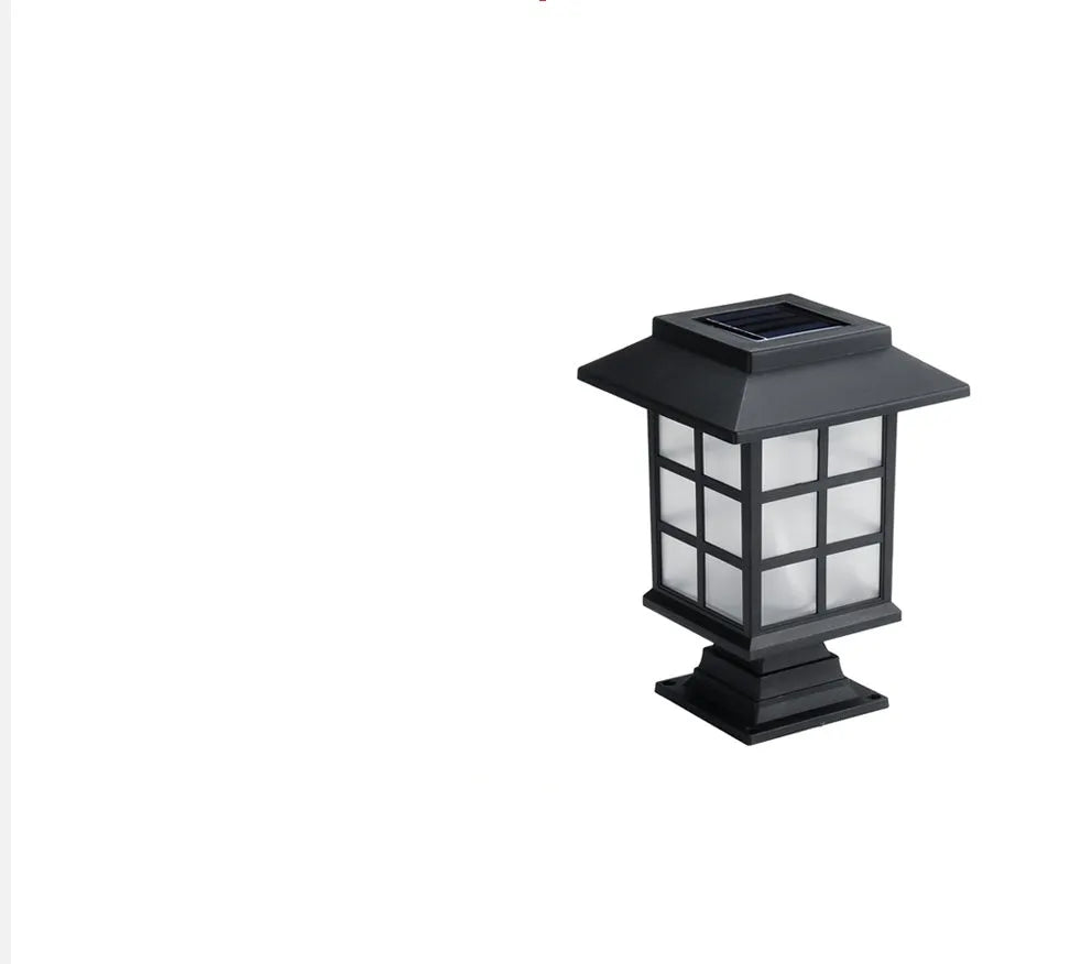 Black solar-powered LED lawn light for outdoor garden and pathway illumination with waterproof construction