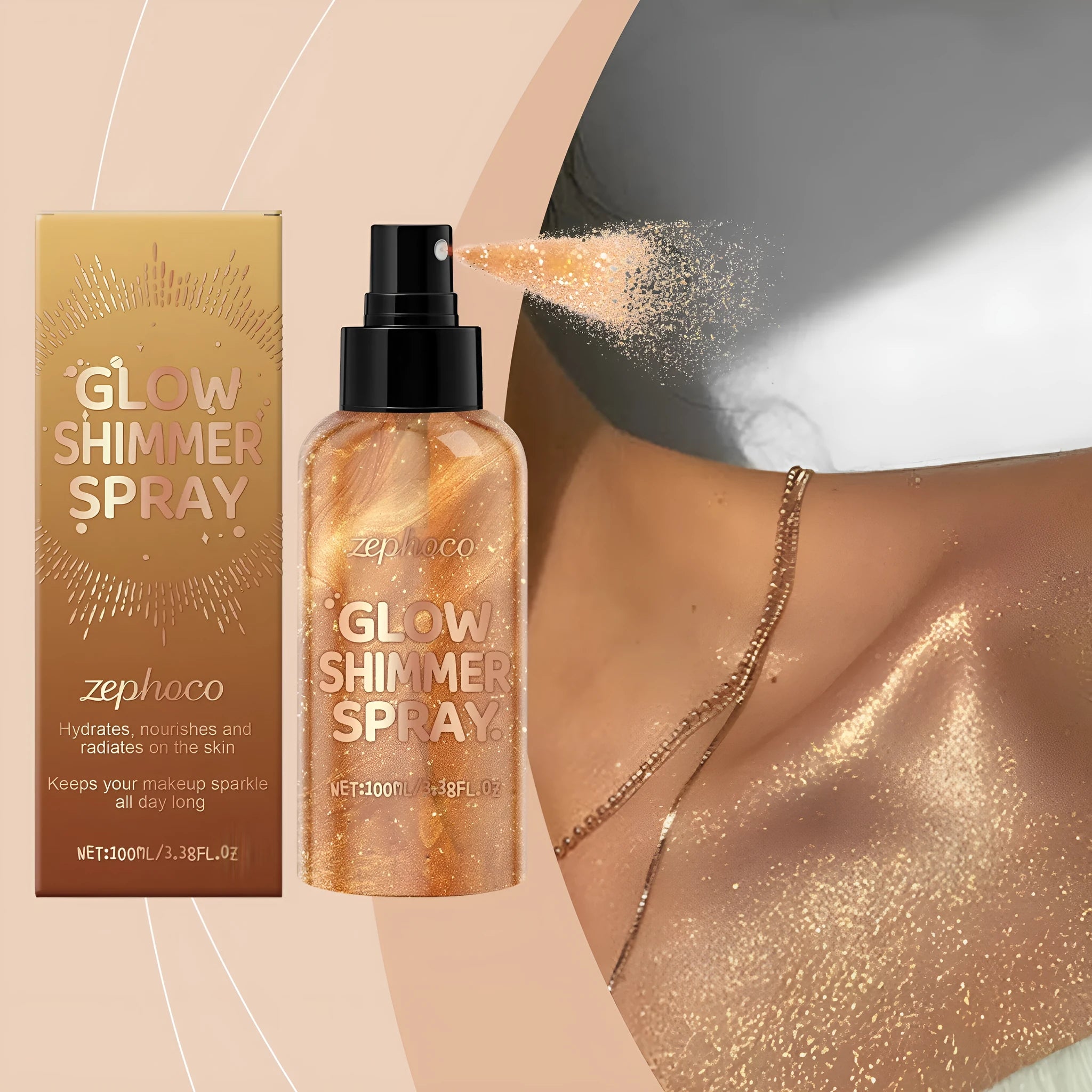 100ml shiny body spray bottle with UV-reactive shimmer for festival makeup