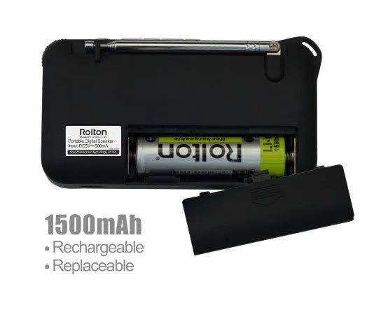 Golden Rolton W405 portable FM radio and MP3 speaker with LED display and wrist strap.