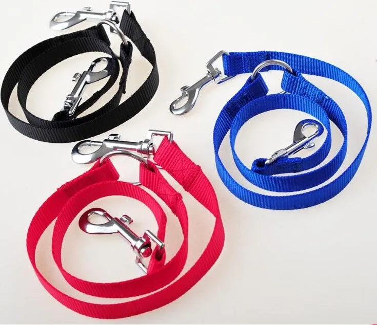 Nylon double dog lead coupler, 45cm long, in purple, red, blue, or black, sizes S M L