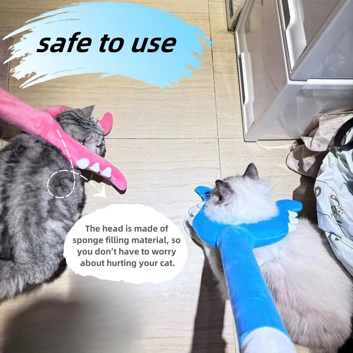 Blue plush cat wand toy with a soft head on a 70cm long stick for interactive pet play.