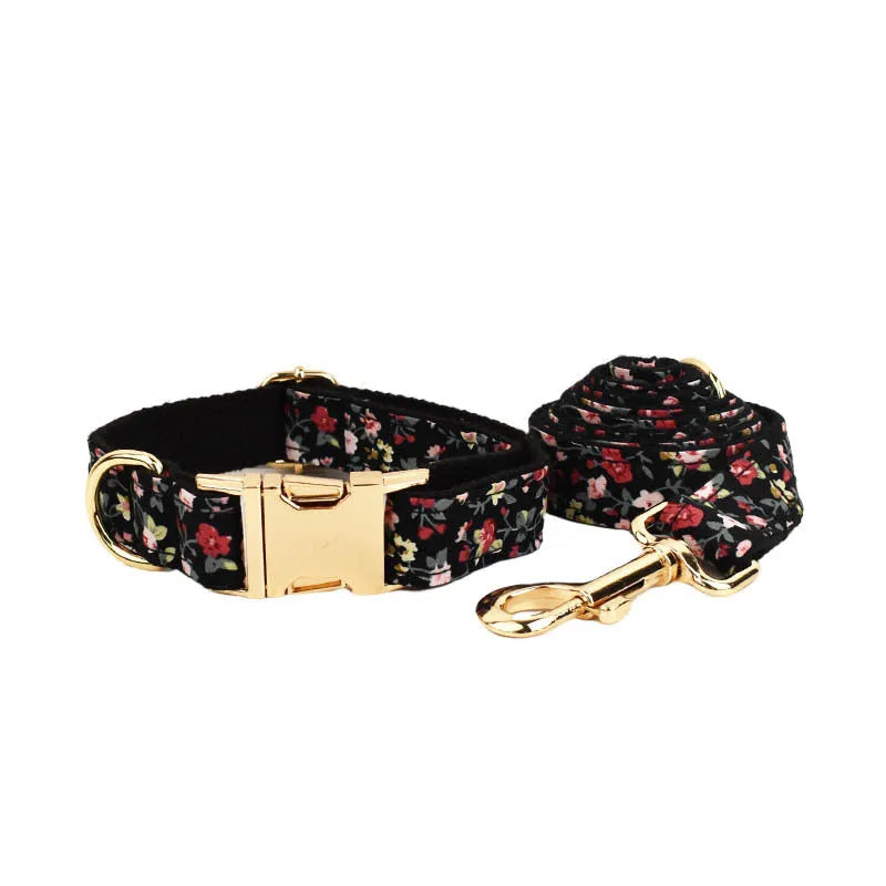 Removable bow lettering printed on a cloth dog collar, with matching leash, bow, and vest set.
