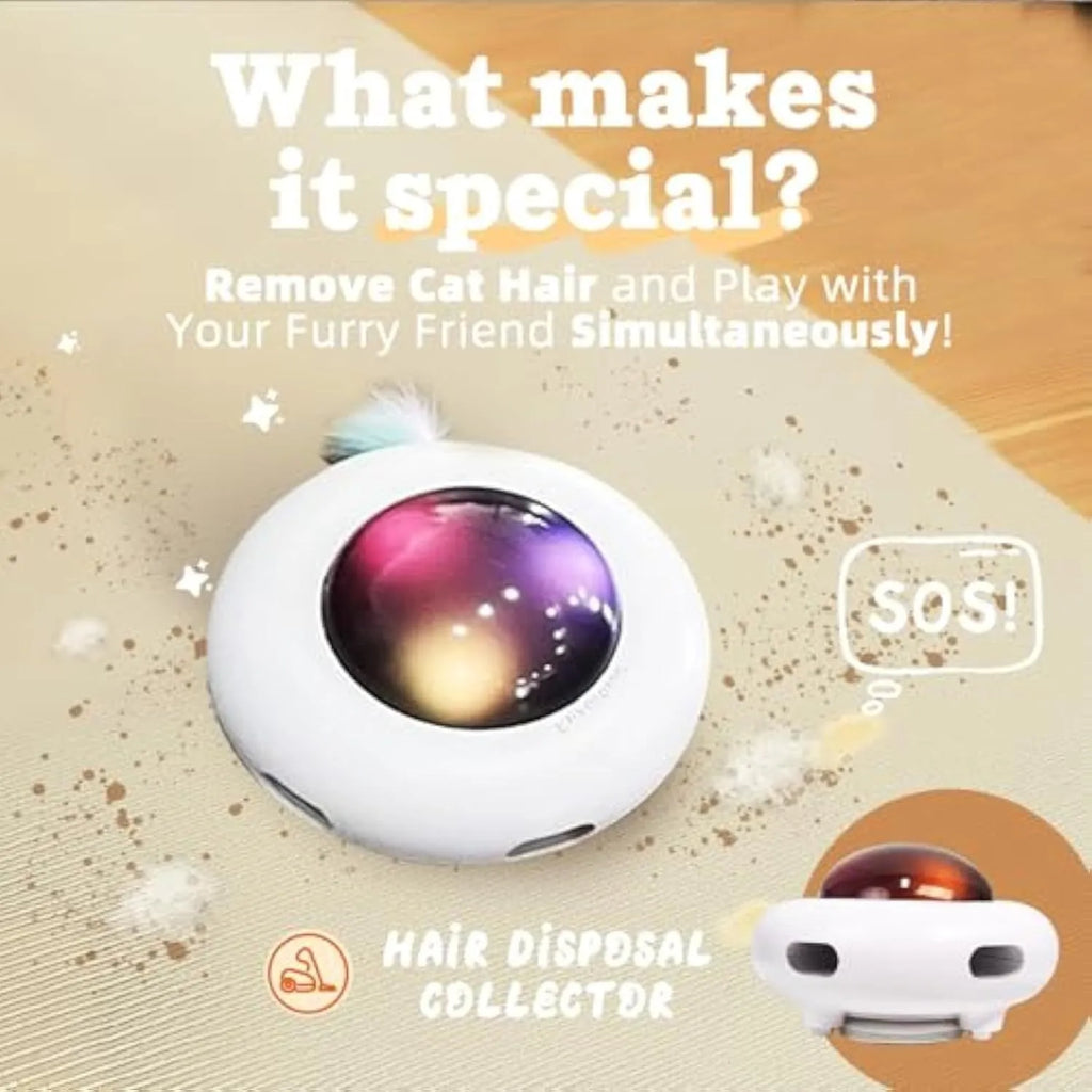 White automatic interactive cat toy with feathers and cleaning ring for indoor cats