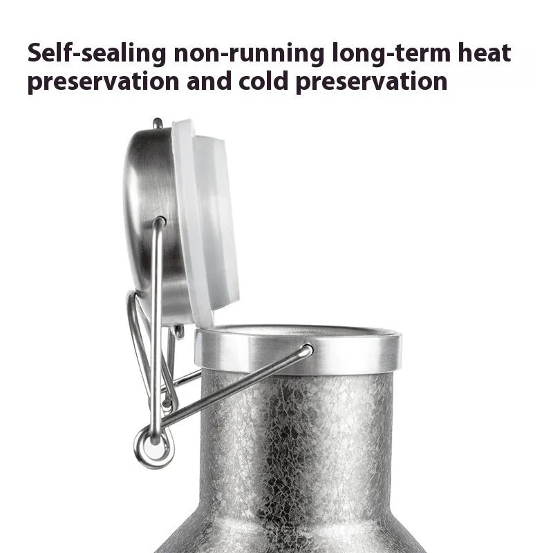 Stainless steel thermal pot with large capacity for outdoor and portable use.