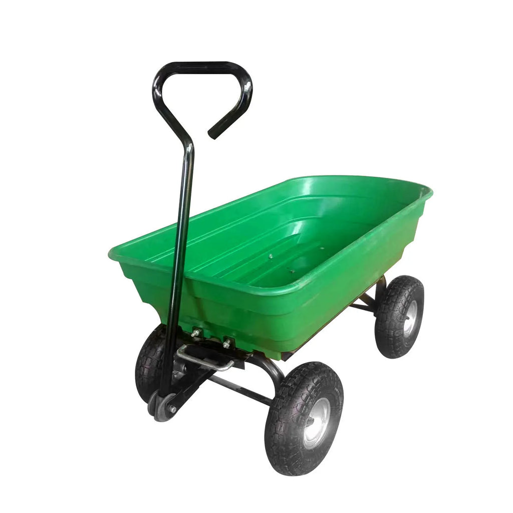 Green four-wheel plastic dump truck with steel frame, model TC2145, for farm and garden use.