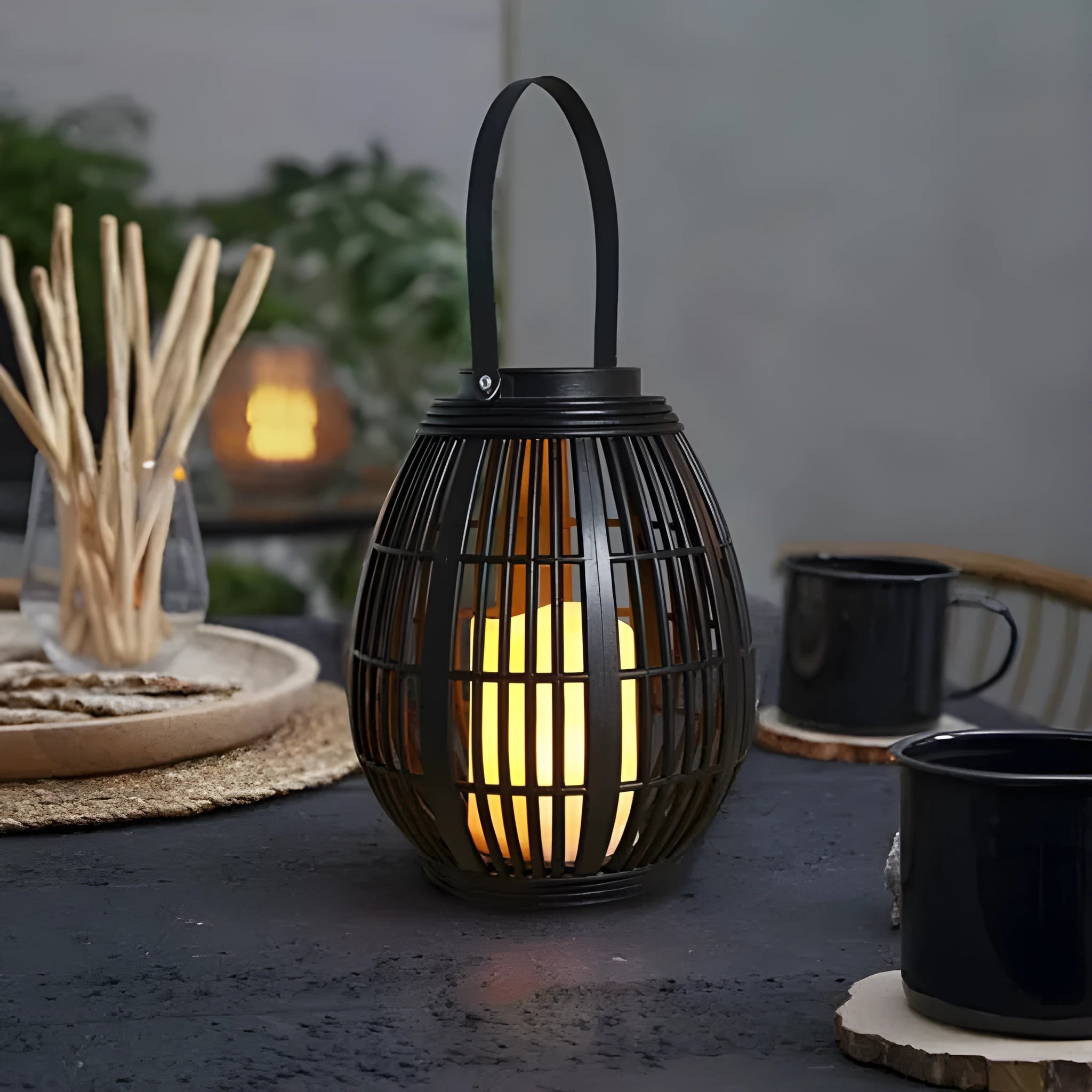 Solar retro rattan garden light with oval design for outdoor patio decoration