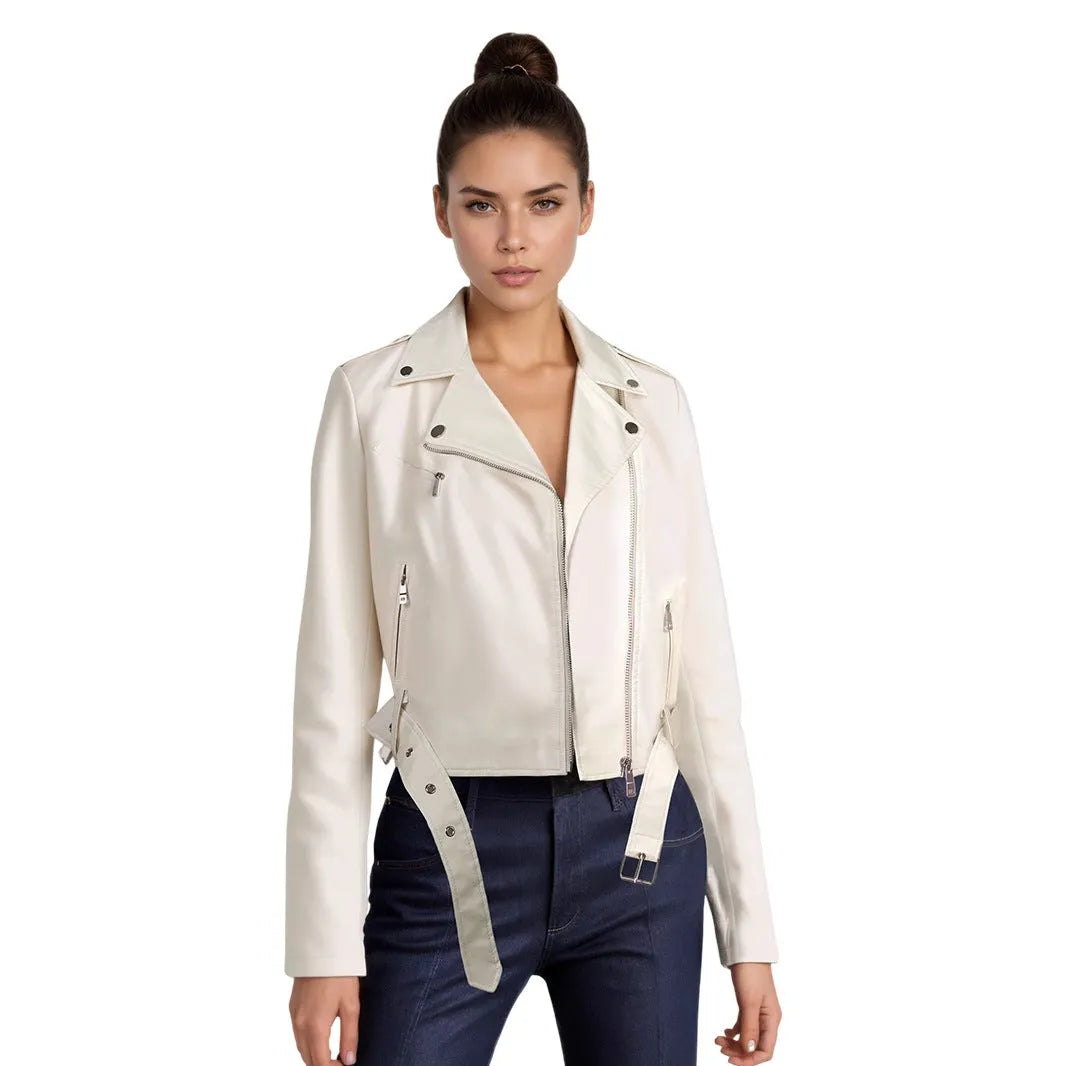 Women's short red PU leather jacket with lapel collar and waist belt on a hanger.