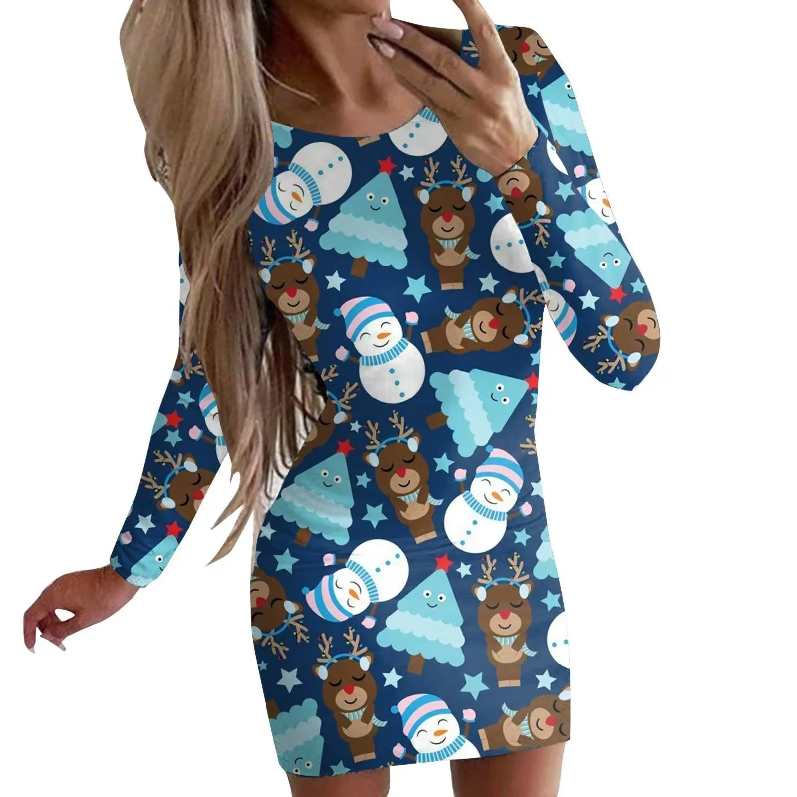 Women's animal print long sleeve dress in floral colour with round neck and mid waist design