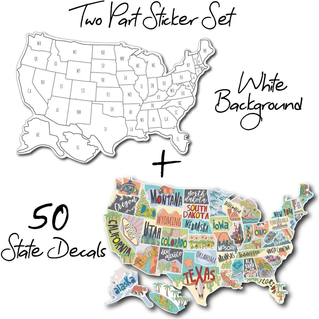 Travel-themed car sticker set showing world map design and separate letter stickers on a white background sheet.
