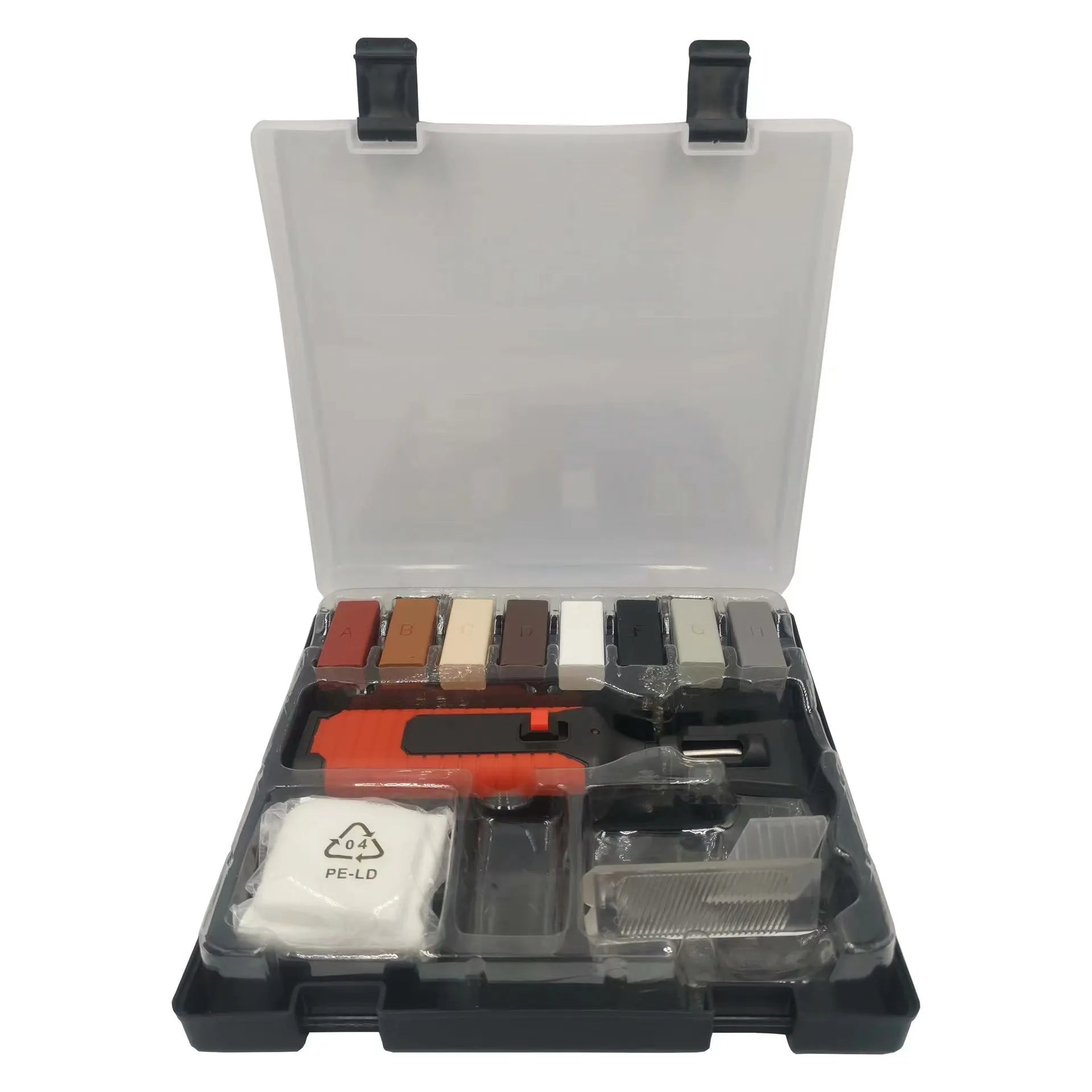 DIY floor tile repair tool set with coloured wax sticks for scratch and chip restoration