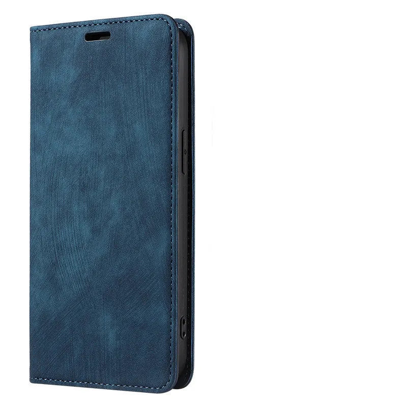 Magnetic leather flip phone case for iPhone in grey, showing front cover closed.