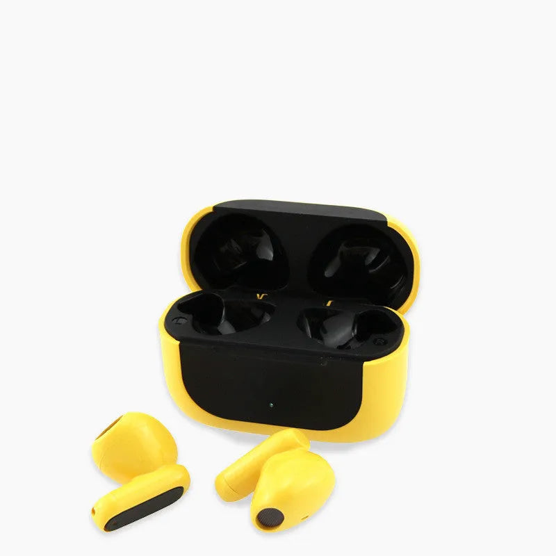 Cartoon wireless earbud headphones in black, white, and yellow colour options