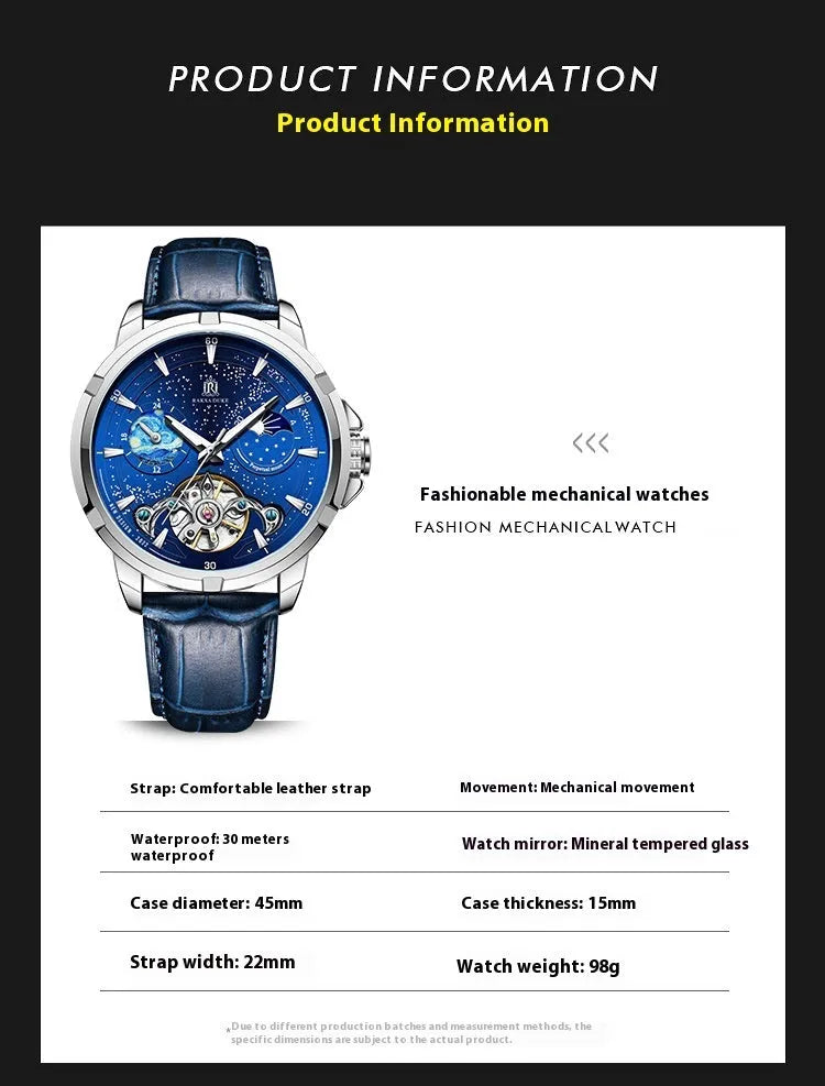 T885B blue men's automatic mechanical watch with skeleton dial showing internal movement