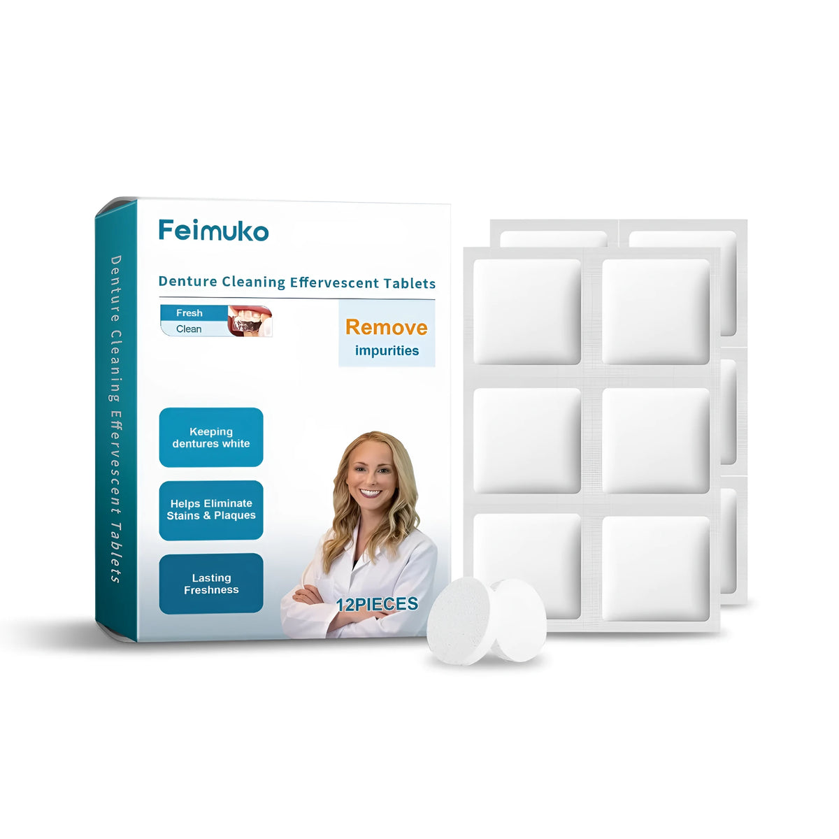 Pack of 12 denture cleaning effervescent tablets with mixed enzyme formula in foil packaging