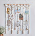 Wooden stick frame wall pendant with hemp rope twine and wooden photo clips in natural materials