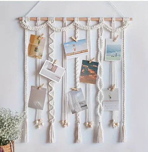 Wooden stick frame wall pendant with hemp rope twine and wooden photo clips in natural materials
