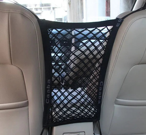 Black elastic car pet fence with nylon hooks for middle seat isolation, available in three styles.