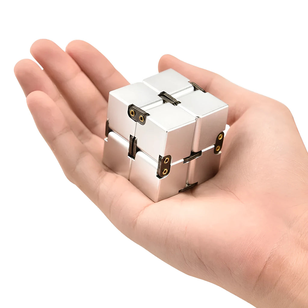Zinc alloy infinity cube fidget toy showing black metallic finish and rotatable cube design