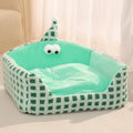 Triangular pet sleeping nest with removable sponge insert in green, purple and yellow colour options