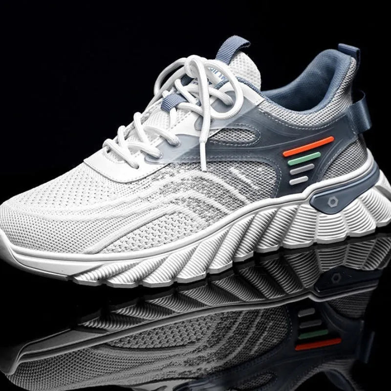 Men's white blue and black platform casual sports shoes with mesh upper and cross shoulder strap design