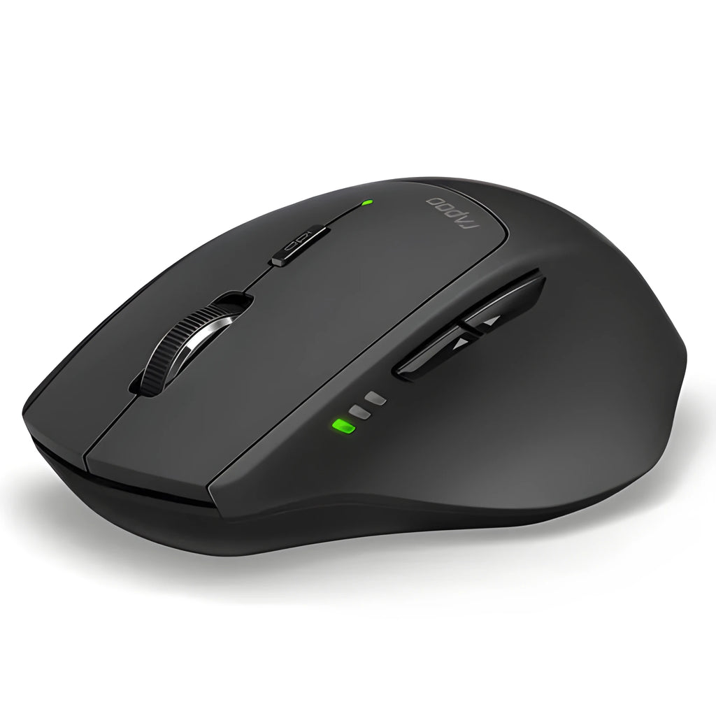 Rapoo MT500 wireless Bluetooth mouse in black with six buttons on a desk surface