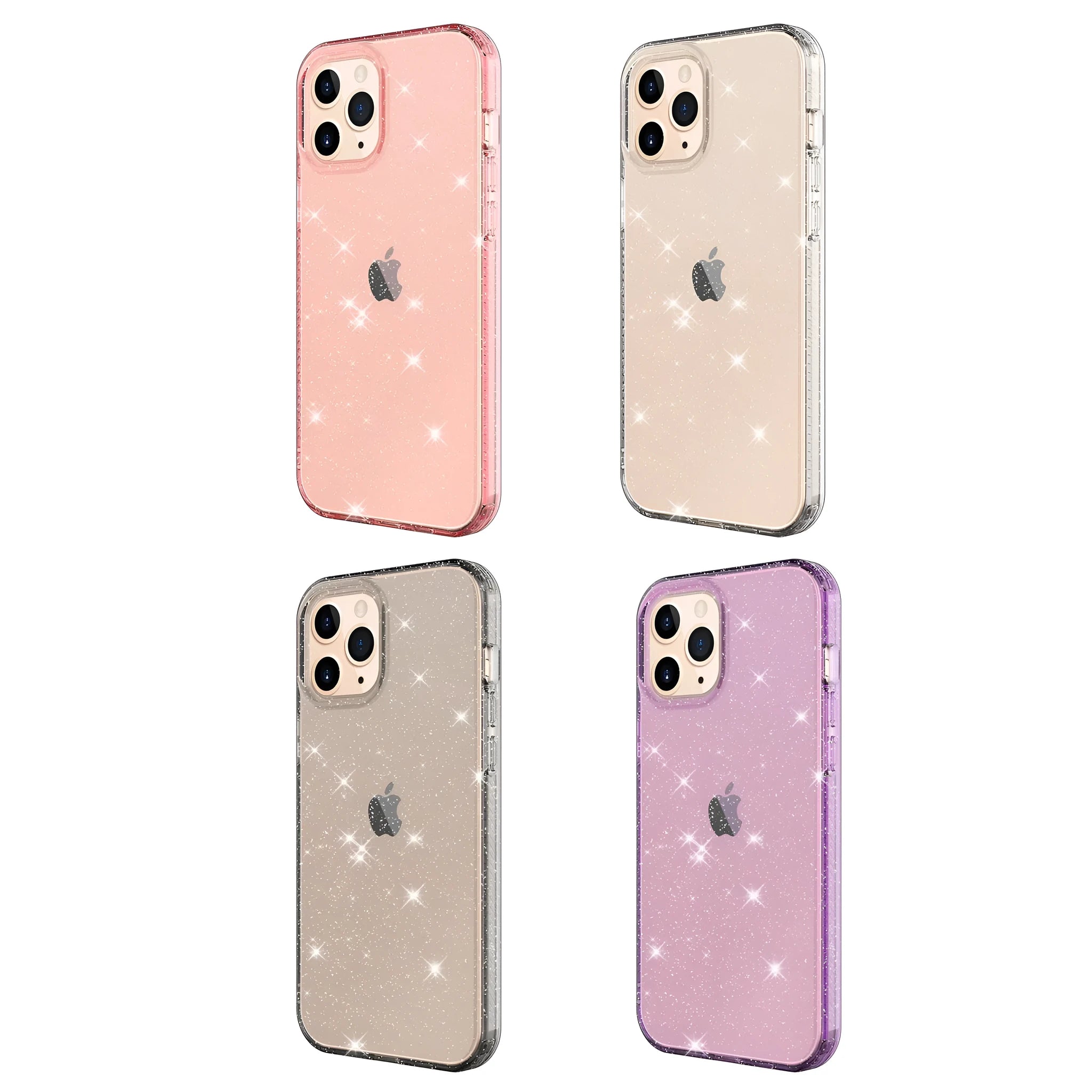 Transparent glitter TPU phone case for iPhone 12 Pro Max on a pink background.