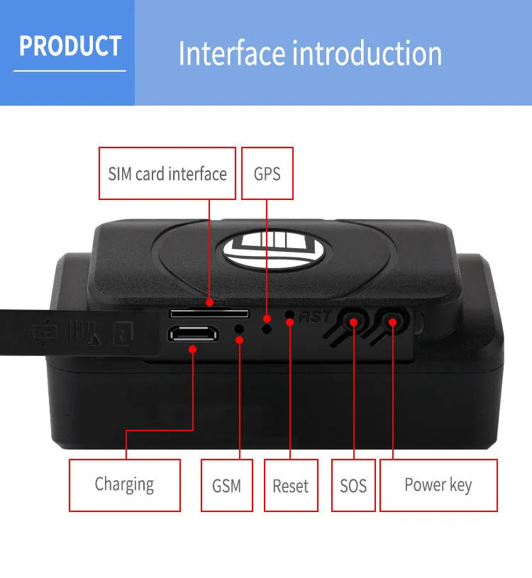 Black GPS locator tracker with 5000 mAh battery, waterproof mini casing, magnet mount, 90 x 74 x 25 mm