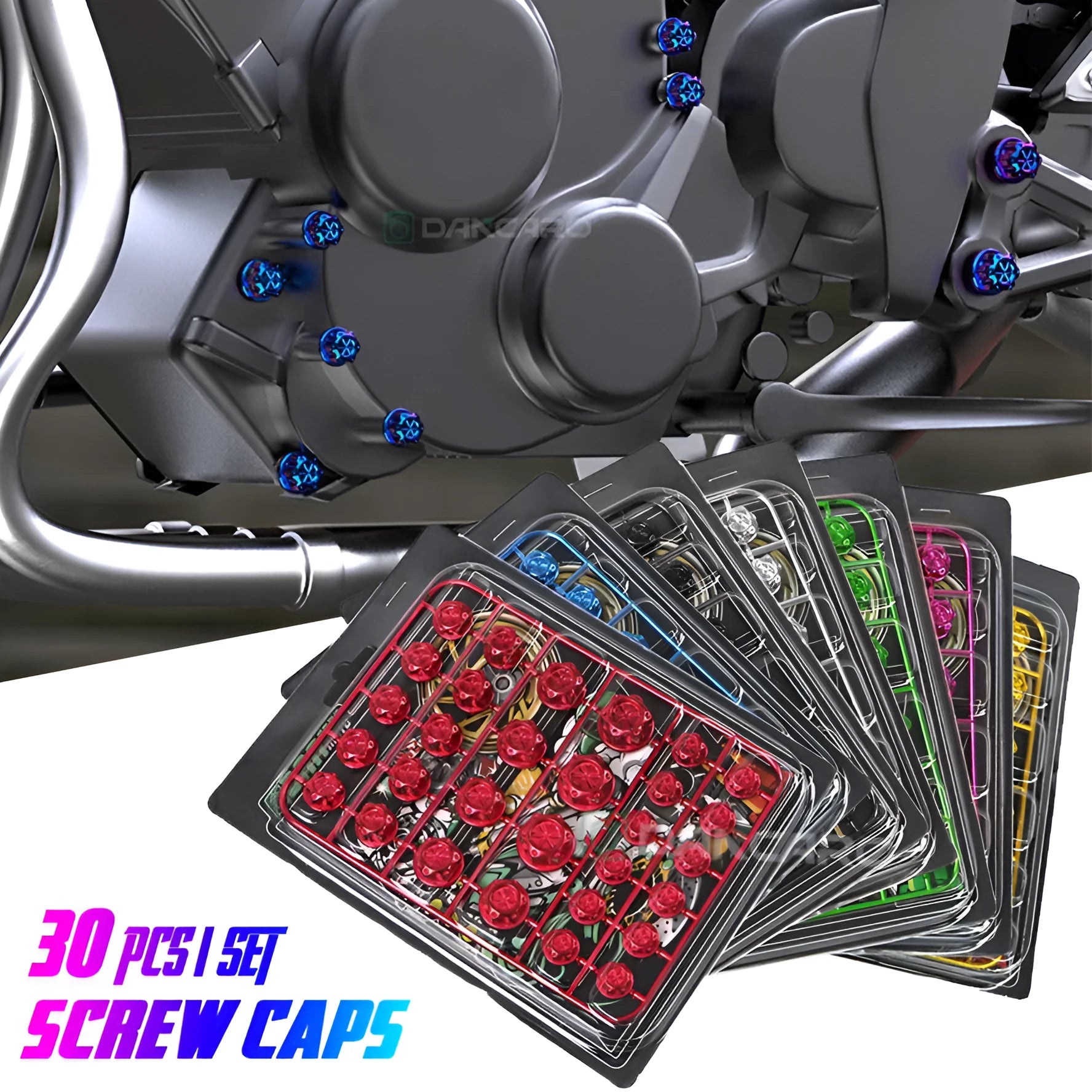 Set of 30 coloured ABS plastic screw caps for motorcycle bolt threads in eight colours.