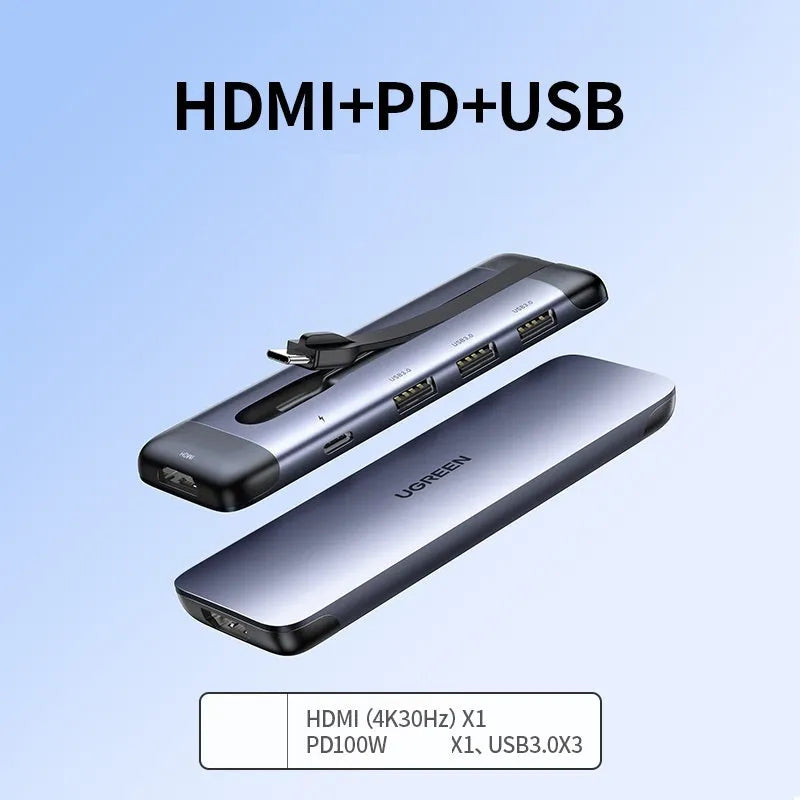 Compact USB dock expansion adapter with HDMI, USB 3.0, and charging ports on a short 0.09m cable.