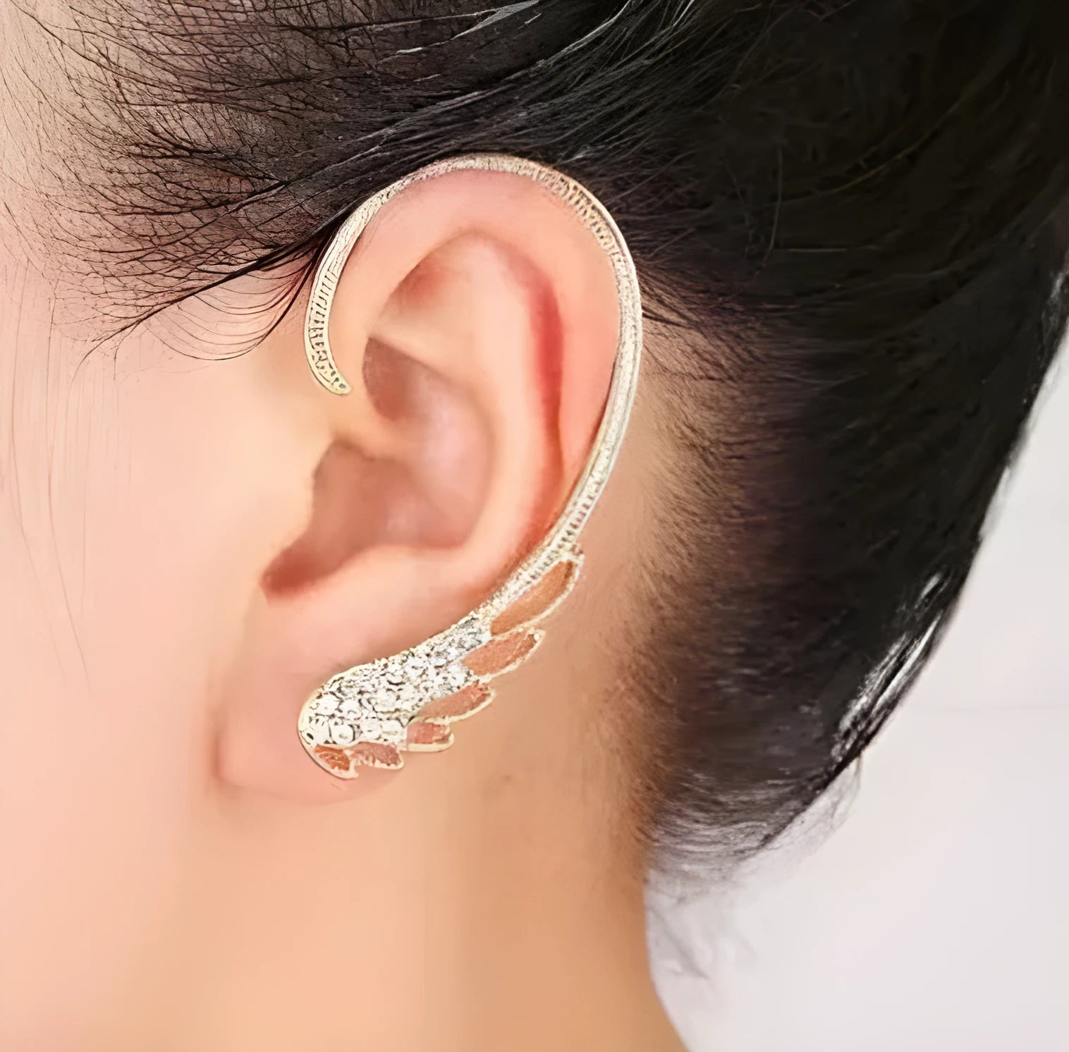 Women's clip-on feather earrings teardrop shape gold and silver alloy plating