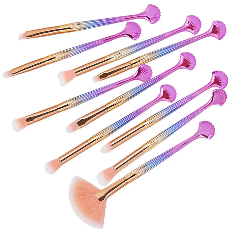 10-piece makeup brush set with rayon bristles, plastic handles, 14cm length and purple style