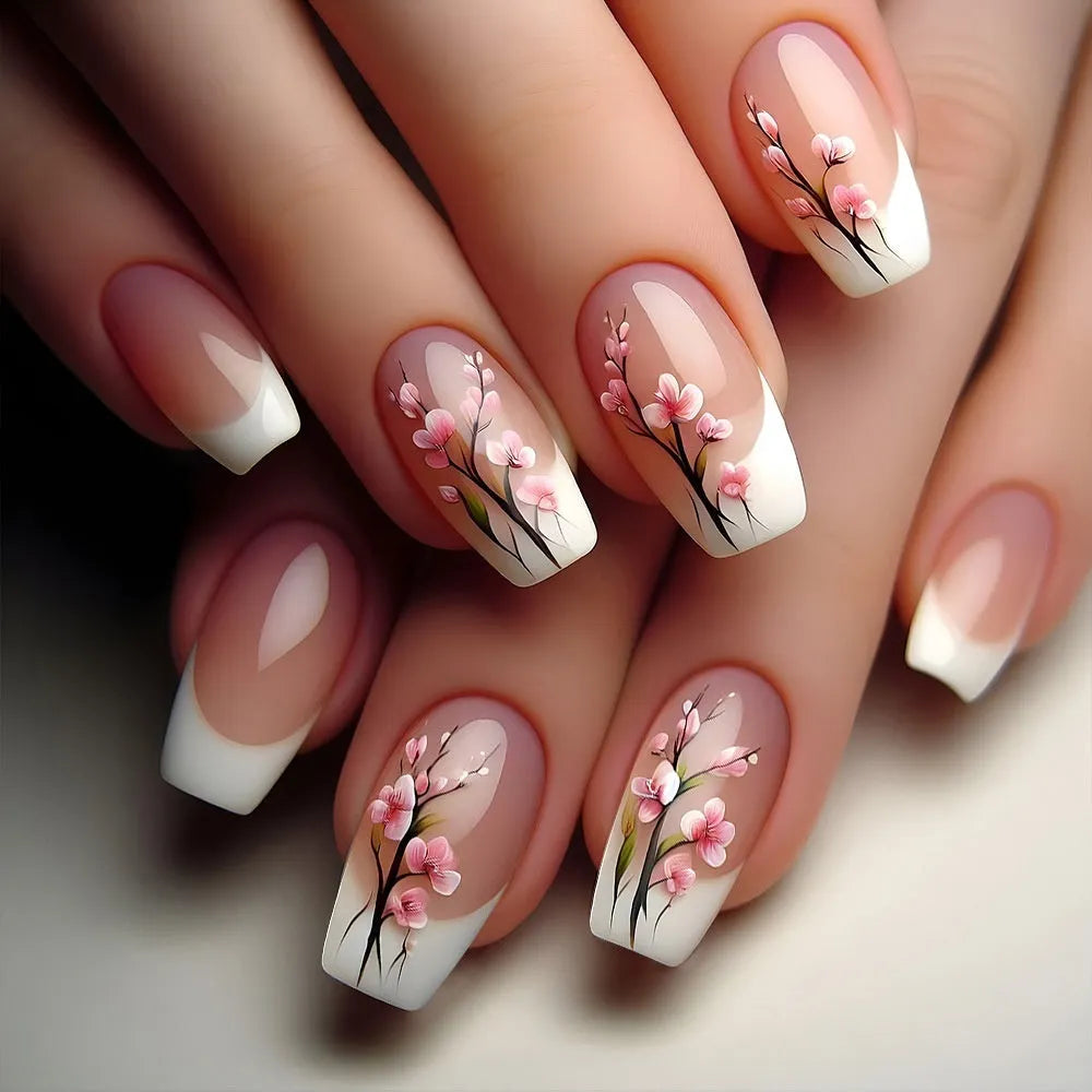 Plum blossom pattern white edge French false nail tips with starry sky accents, short ballet style, 24 pieces with jelly glue