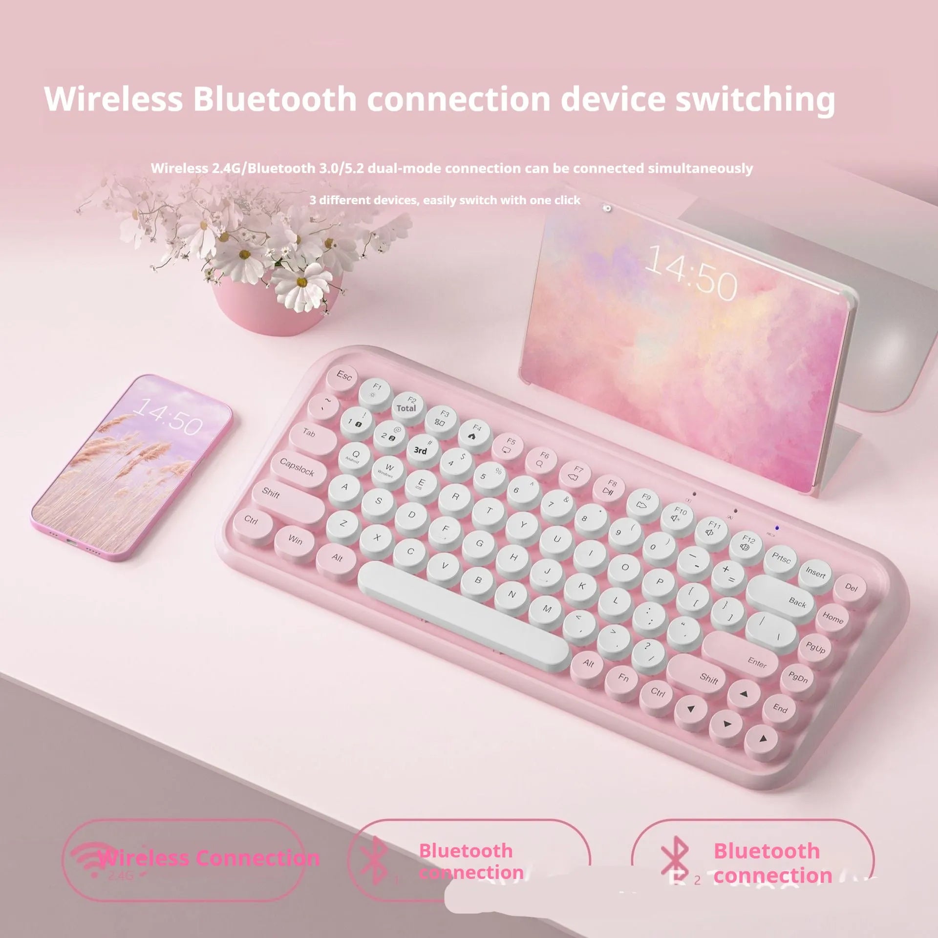 Pink Bluetooth wireless keyboard with 84 keys showing compact design and crater architecture switches