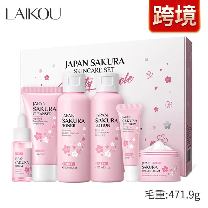 Cherry Blossom 6-piece skincare set with cleanser, toner, cream, serum, and eye cream.