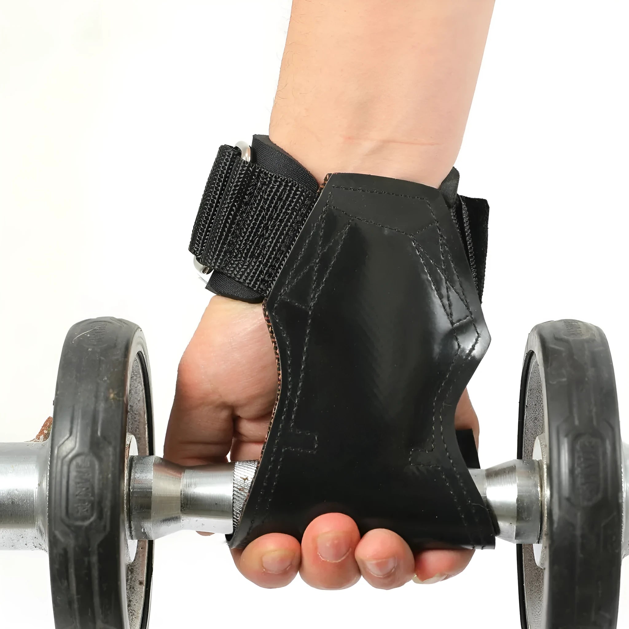 A pair of black rubber booster hoses for weightlifting grip and palm protection.