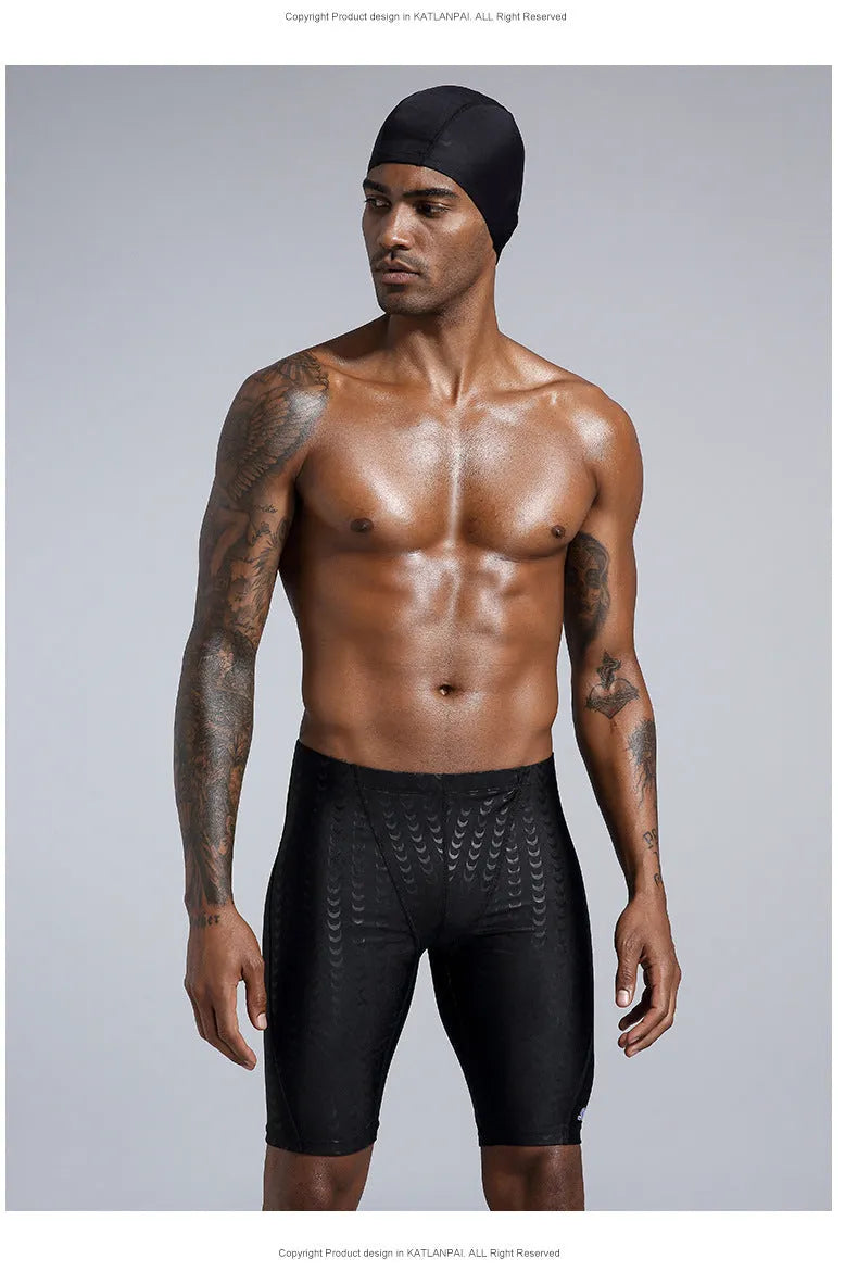 Men's solid colour waterproof polyester swimming trunks on a size chart showing XL, XXL, 3XL, 4XL.