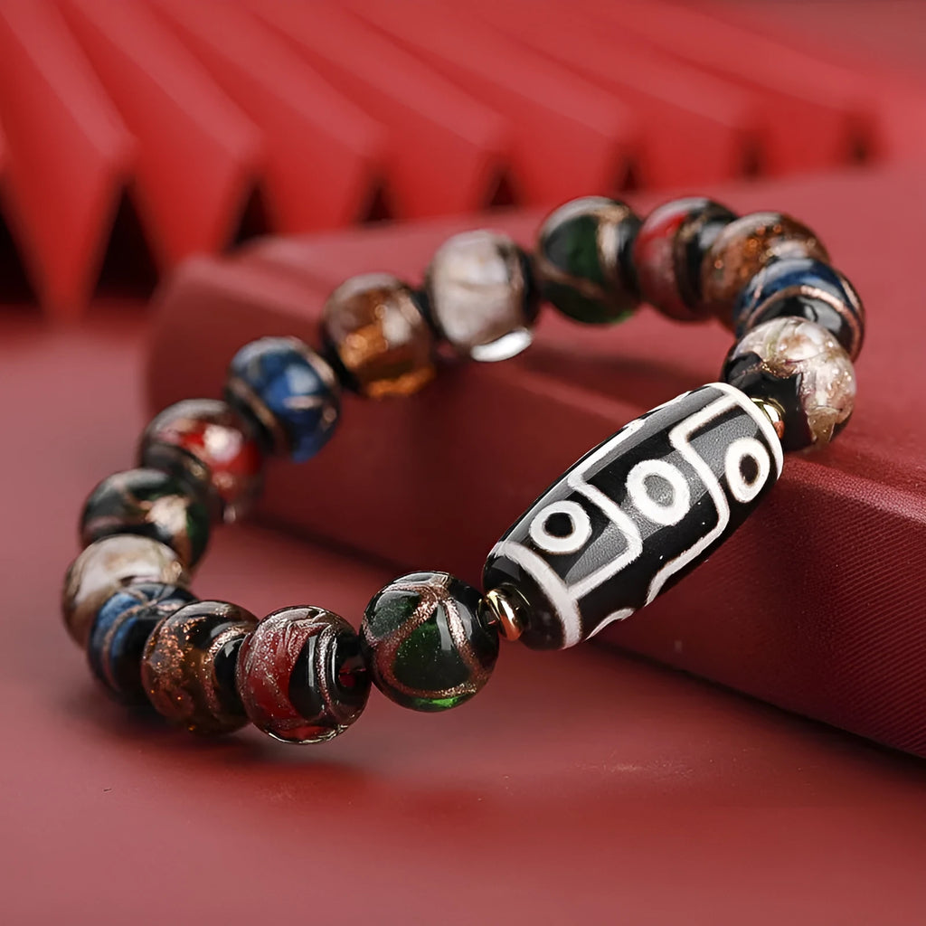 Chinese five-colour glaze bracelet with snake lucky beads and auspicious patterns in 10mm, 12mm, or 14mm sizes