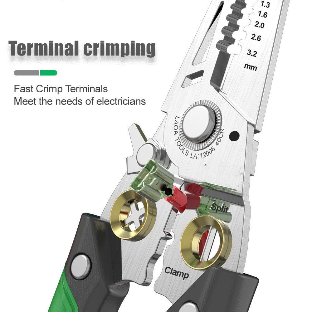Multifunctional stainless steel wire stripper with seven apertures and straight two-colour handle