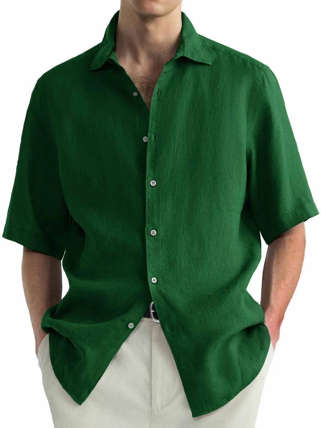 Men's green casual cotton cardigan shirt with matching trousers laid flat