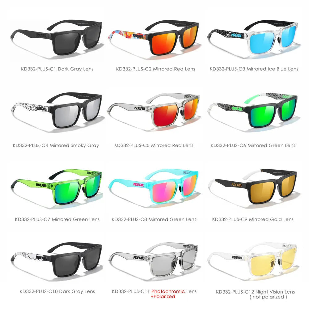 Square frame polarised sunglasses with TAC lenses and PC frame in multiple colour options