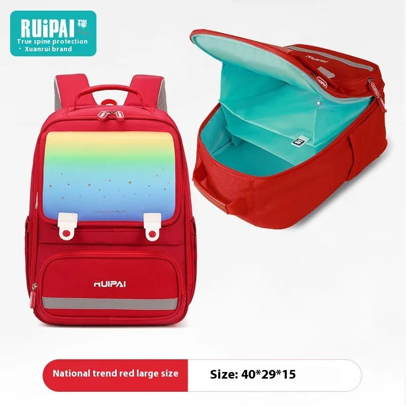 Primary school polyester backpack with burden reduction and spine protection, available in pink, red, purple and navy blue