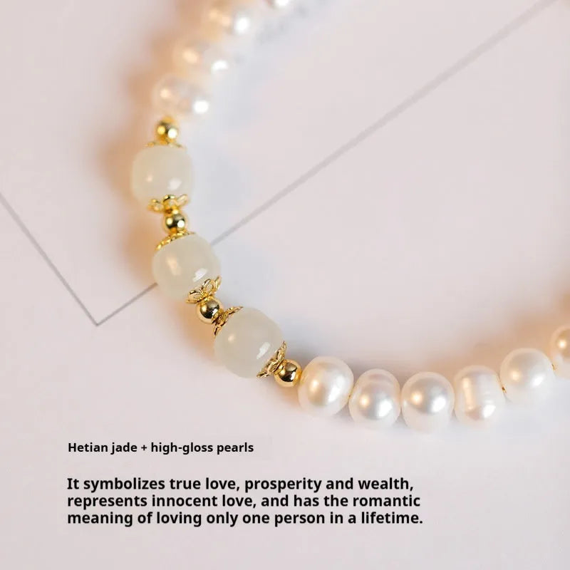 Natural freshwater pearl bracelet with diamond-shaped beads in an electroplated Hetian jade colour.