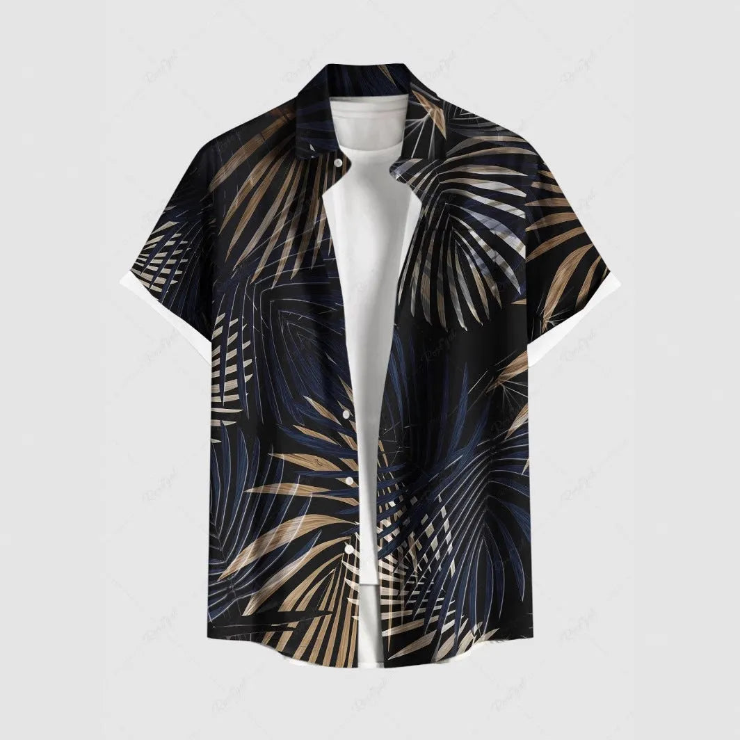 Men's loose fit striped summer shirt with stand collar in cardigan style